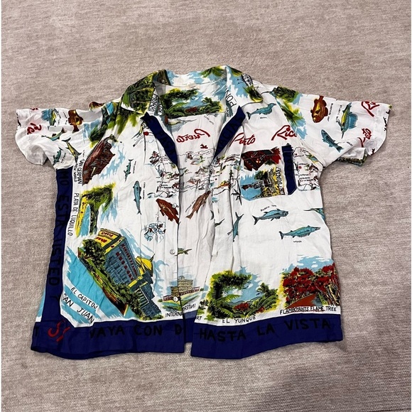 Tiny by Anthropologie Silk Button Down Puerto Rico Map Beach Hawaiian Style Top - Picture 1 of 4
